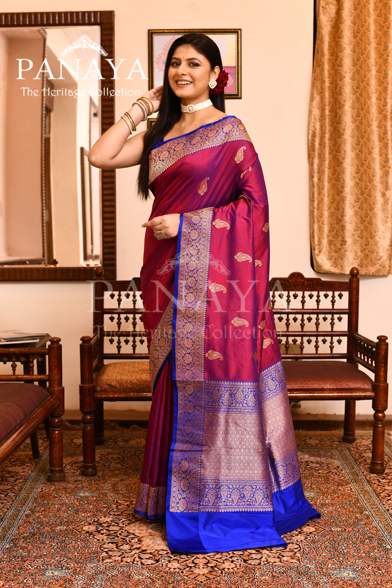 Saree Katan Silk with Contrast Banarasi Aanchal & Border with Gold Zari Boota Design