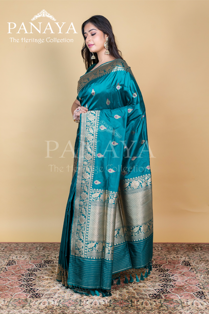 Meena Buti Katan Silk Handloom With Banarsi Anchal Zari Work Border