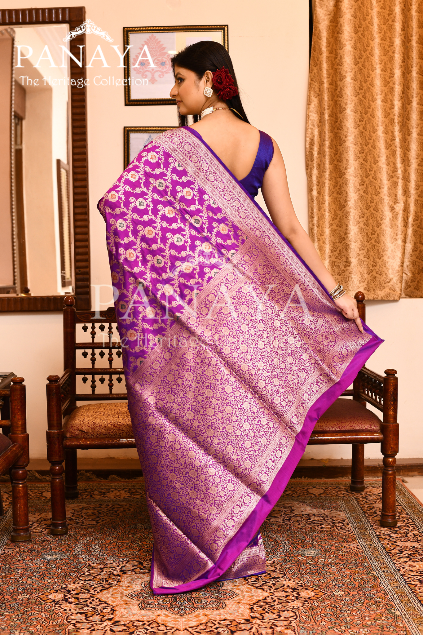 Saree Katan Silk Semi Handwoven with Banrasi Aanchal & Border with Gold & Silver Meenedar Jaal Design