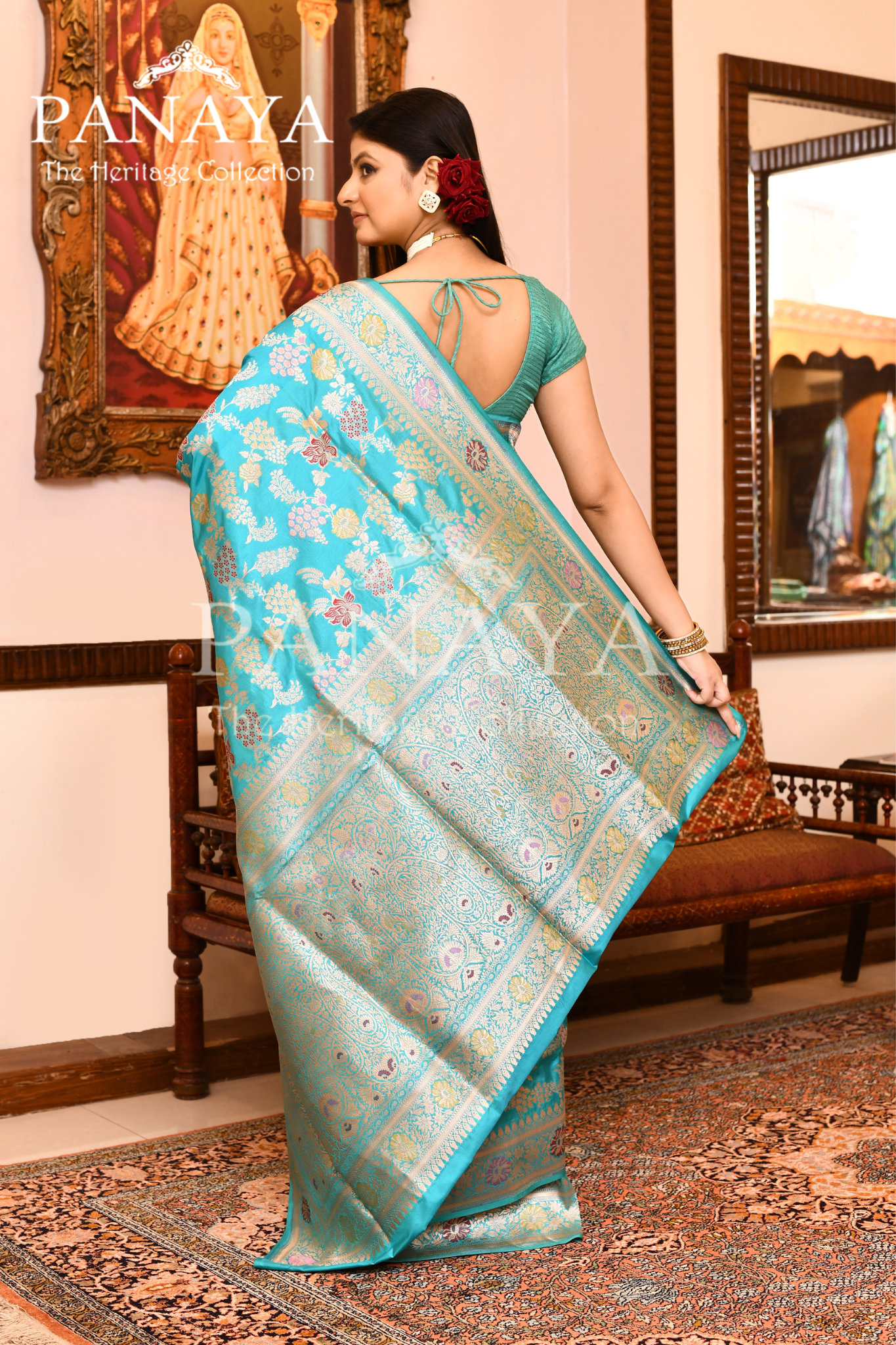 Saree Katan Silk Semi Handwoven with Banrasi Aanchal & Border with Gold & Silver Meenedar Jaal Design