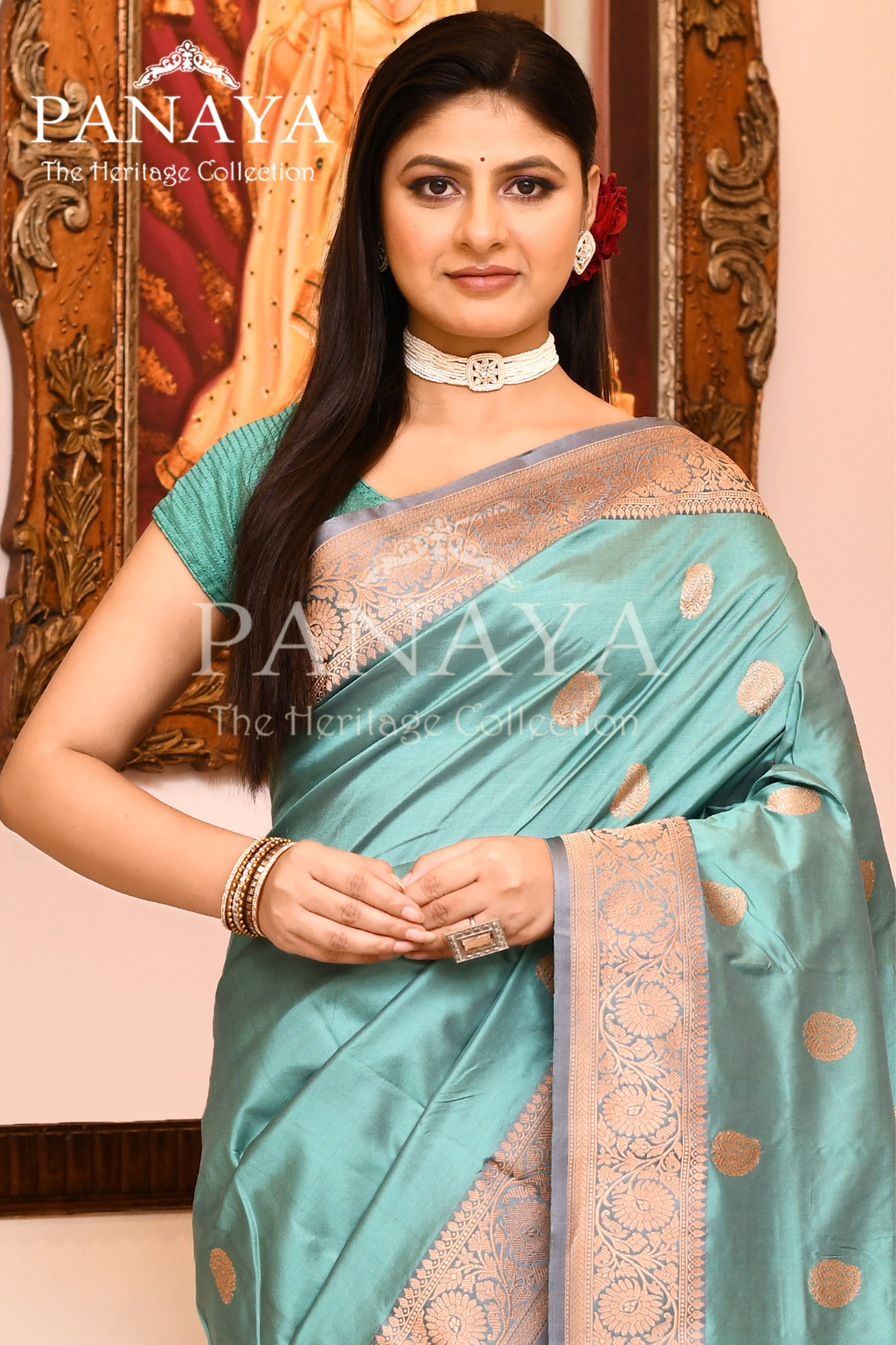 Saree Katan Silk with Contrast Banarasi Aanchal & Border with Gold Zari Boota Design