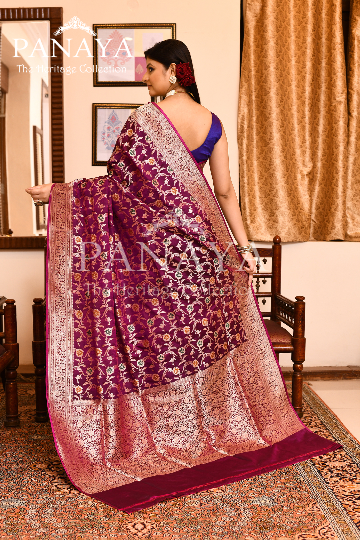 Saree Katan Silk Semi Handwoven with Banrasi Aanchal & Border with Gold & Silver Meenedar Jaal Design