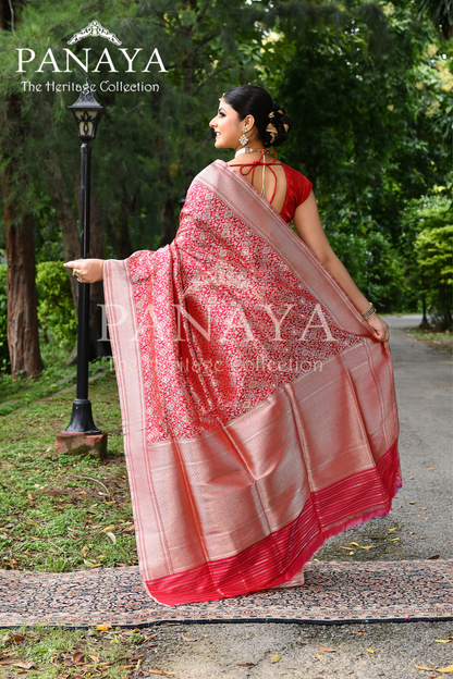 Saree Katan Silk Handwoven with Banrasi Aanchal & Border with Gold & Silver Meenedar Jaal Design