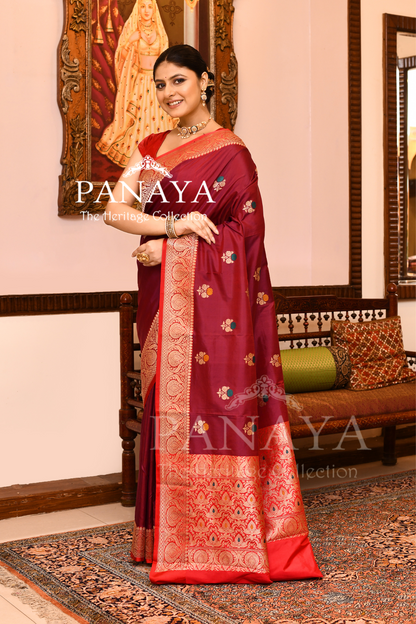 Saree Katan Silk with Contrast Banarasi Aanchal & Border with Gold Zari meenedar  Boota Design