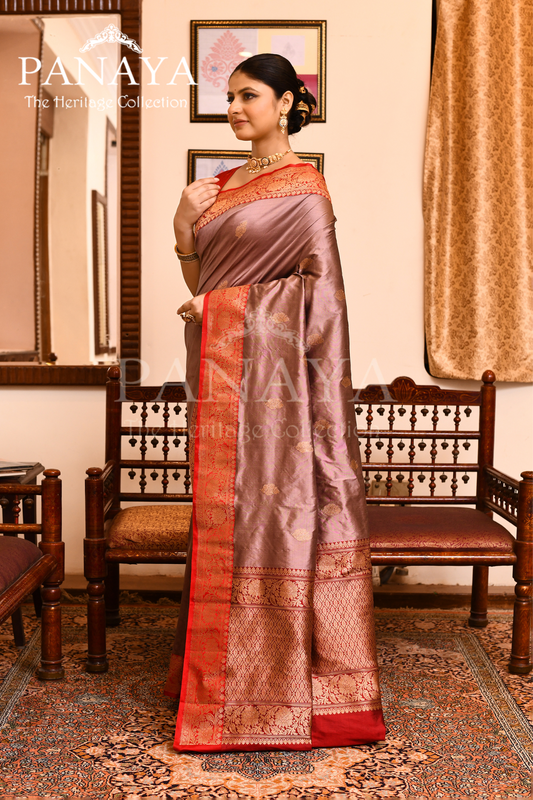 Saree Katan Silk with Contrast Banarasi Aanchal & Border with Gold Zari Boota Design