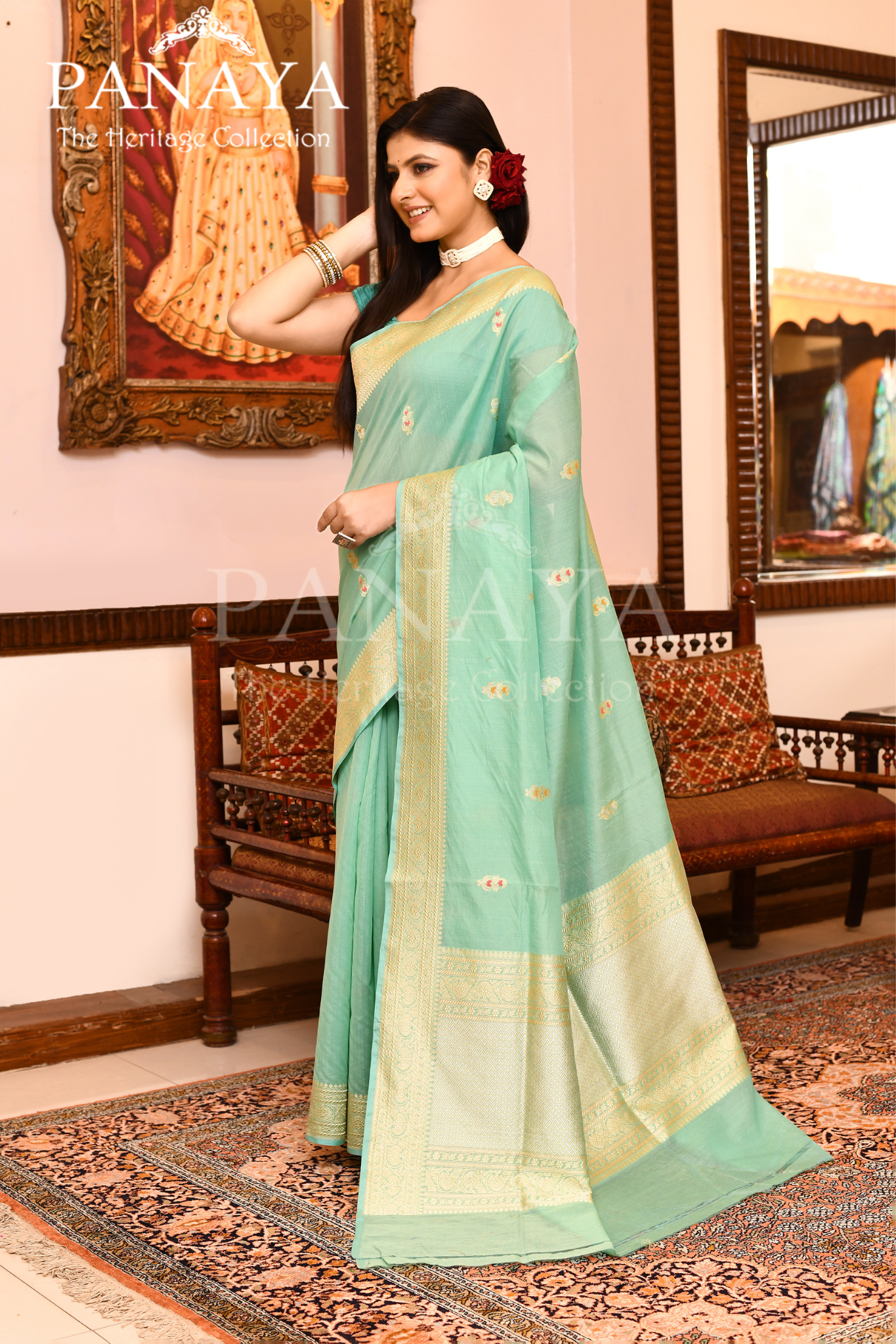 Saree Kora Cotton Silk With Banarasi aanchal & Border with Meenedar Booti