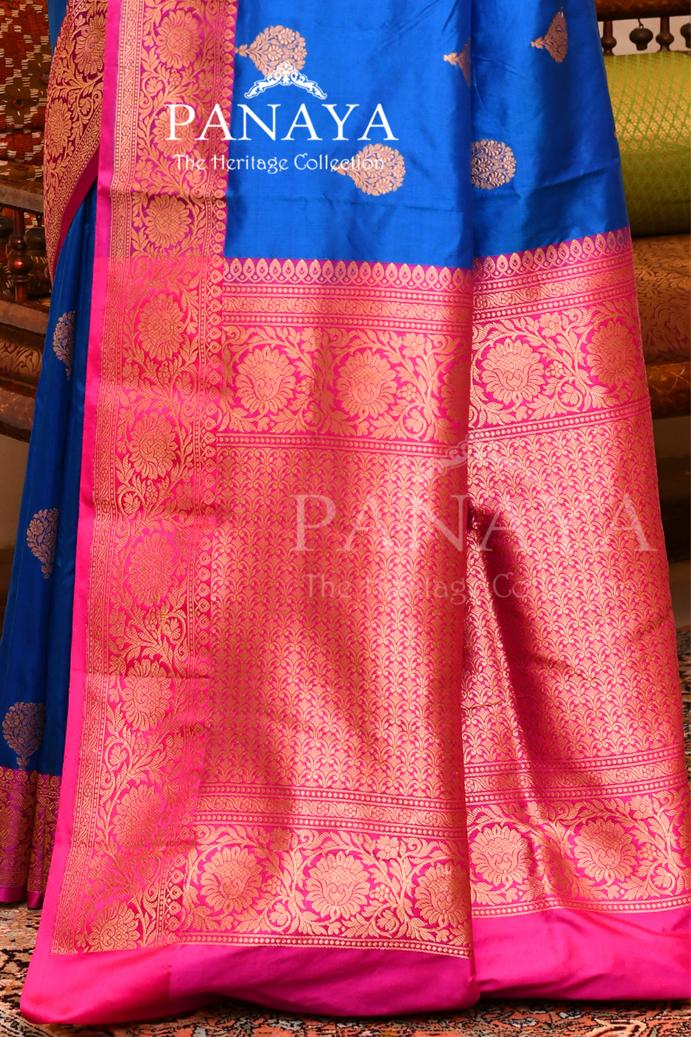 Saree Katan Silk with Contrast Banarasi Aanchal & Border with Gold Zari Boota Design
