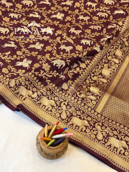 Saree Katan Silk Shikargah Design with Banarasi aanchal & Border with gold & Silver Zari Work