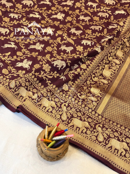 Saree Katan Silk Shikargah Design with Banarasi aanchal & Border with gold & Silver Zari Work