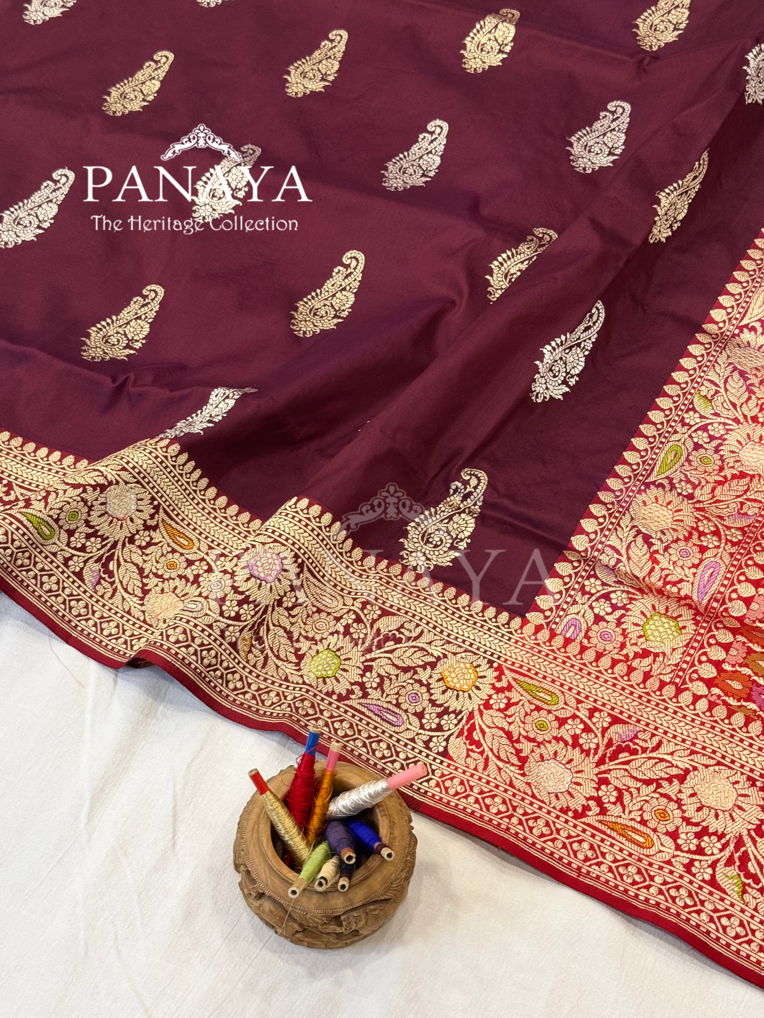 Saree Katan Silk with Contrast aanchal & Border with gold zari Paisely Boota Design