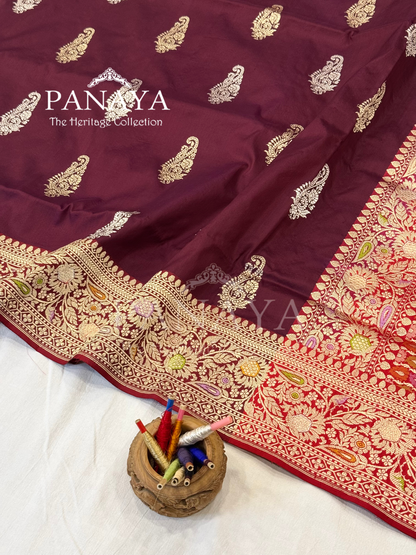 Saree Katan Silk with Contrast aanchal & Border with gold zari Paisely Boota Design