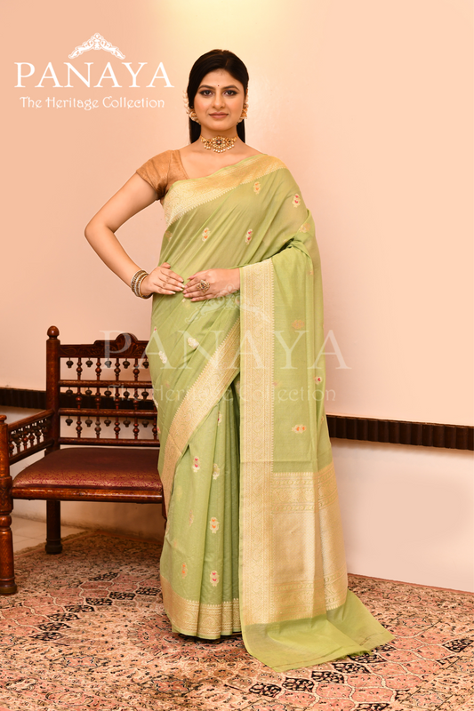 Saree Kora Cotton Silk With Banarasi aanchal & Border with Meenedar Booti