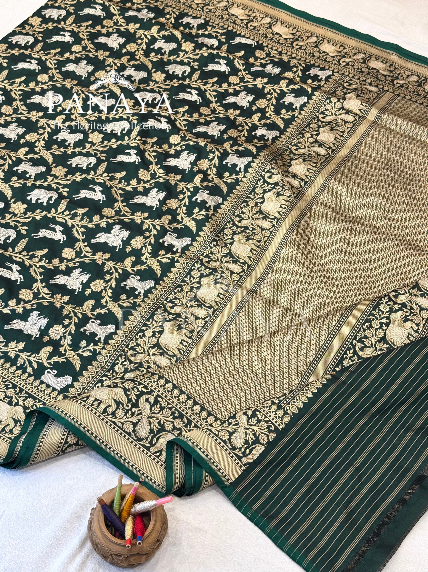 Saree Katan Silk Shikargah Design with Banarasi aanchal & Border with gold & Silver Zari Work