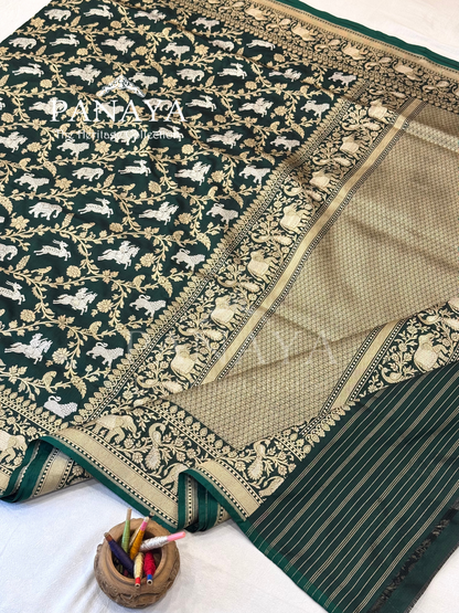 Saree Katan Silk Shikargah Design with Banarasi aanchal & Border with gold & Silver Zari Work