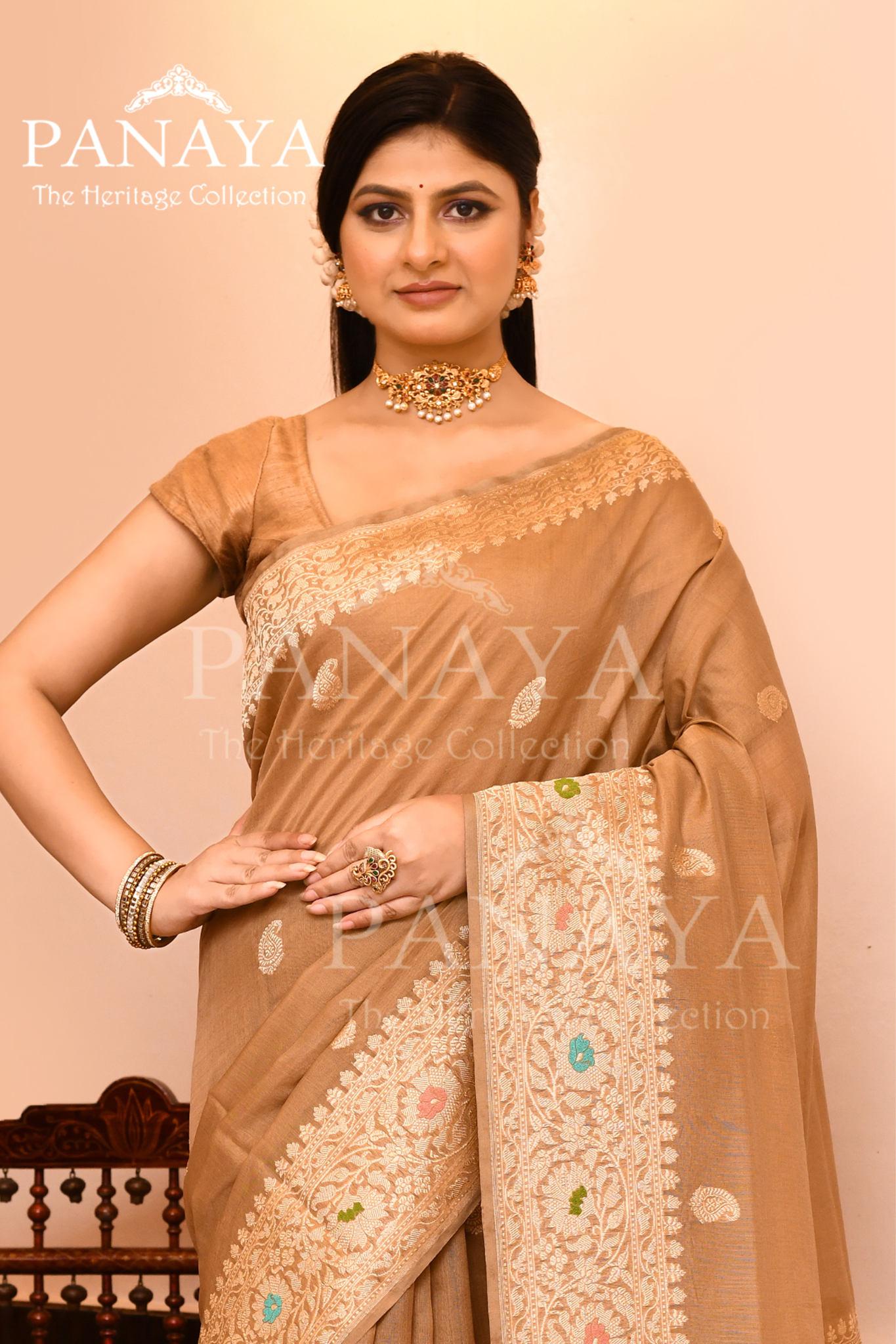 Saree Kora Cotton Silk With Banarasi aanchal & Border with Meenedar Booti