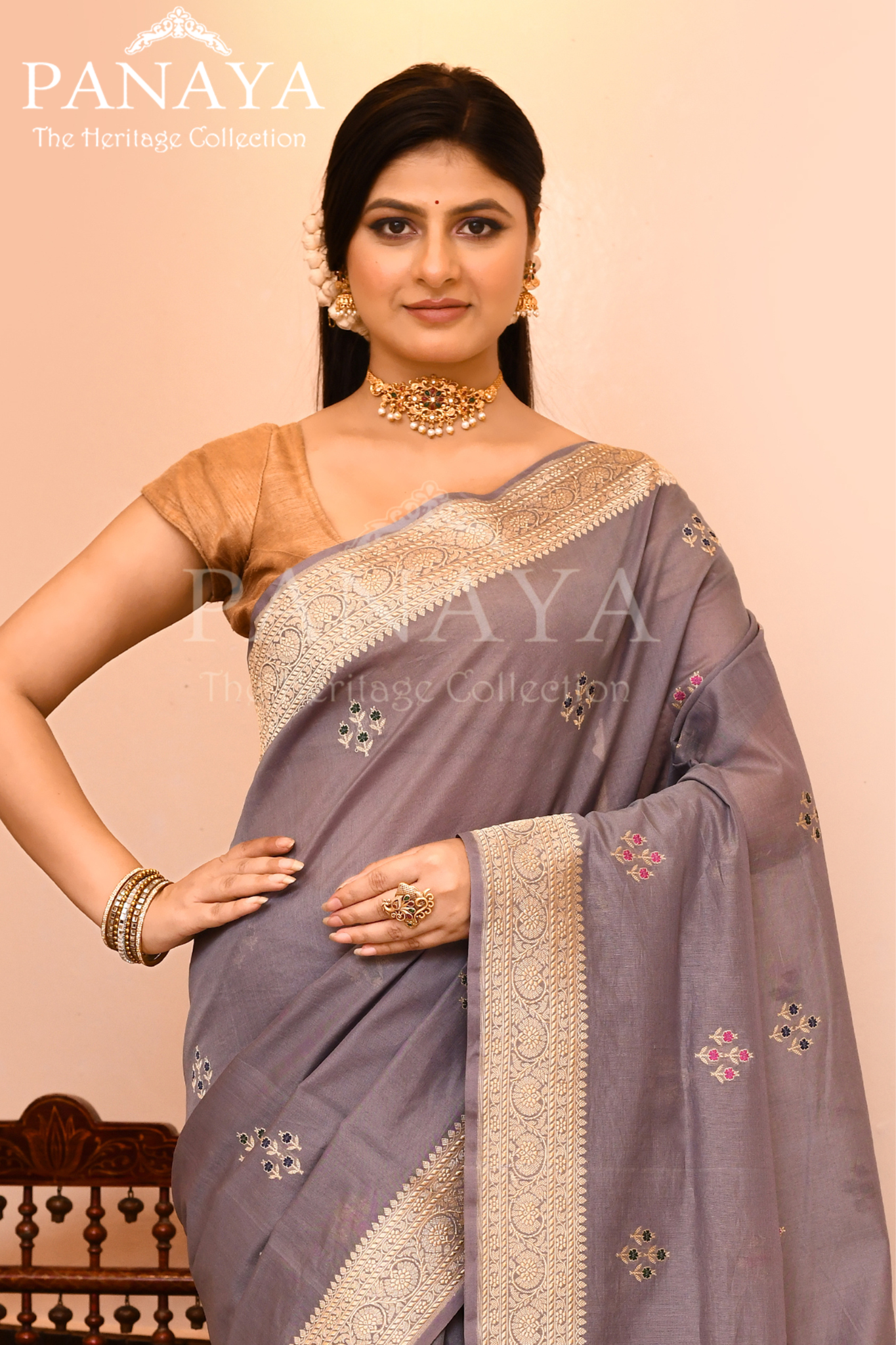 Saree Kora Cotton Silk With Banarasi aanchal & Border with Meenedar Booti