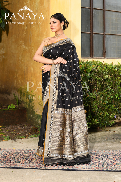 Saree Katan Silk Handwoven with Banrasi Aanchal & Border with Gold & Silver Booti