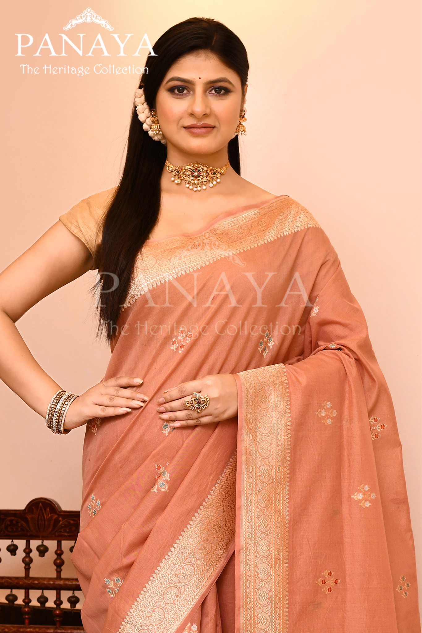 Saree Kora Cotton Silk With Banarasi aanchal & Border with Meenedar Booti