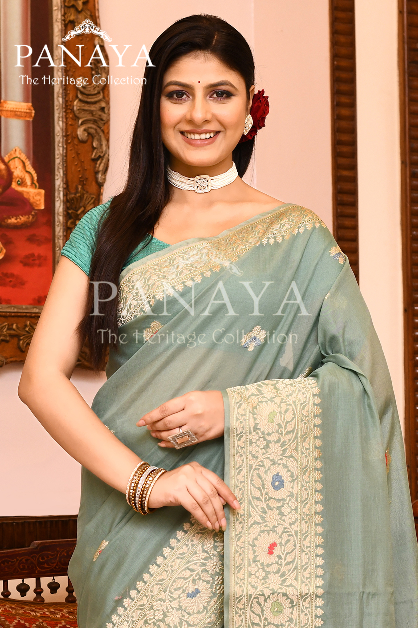 Saree Kora Cotton Silk With Banarasi aanchal & Border with Meenedar Booti