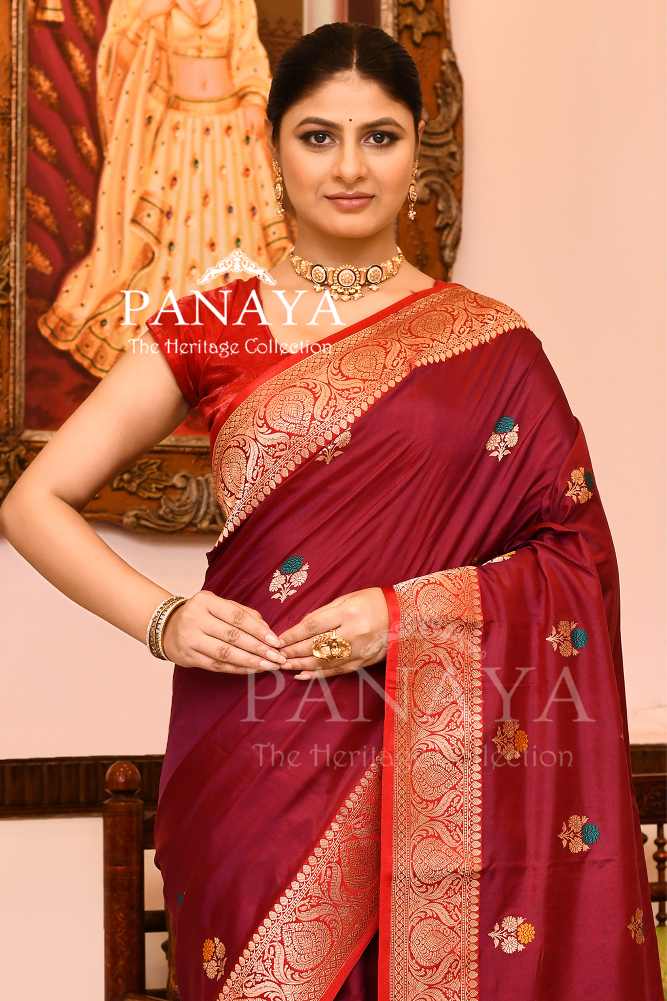 Saree Katan Silk with Contrast Banarasi Aanchal & Border with Gold Zari meenedar  Boota Design