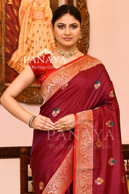 Saree Katan Silk with Contrast Banarasi Aanchal & Border with Gold Zari meenedar  Boota Design