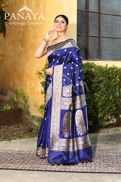 Saree Katan Silk Handwoven with Banrasi Aanchal & Border with Gold & Silver Booti & Konia