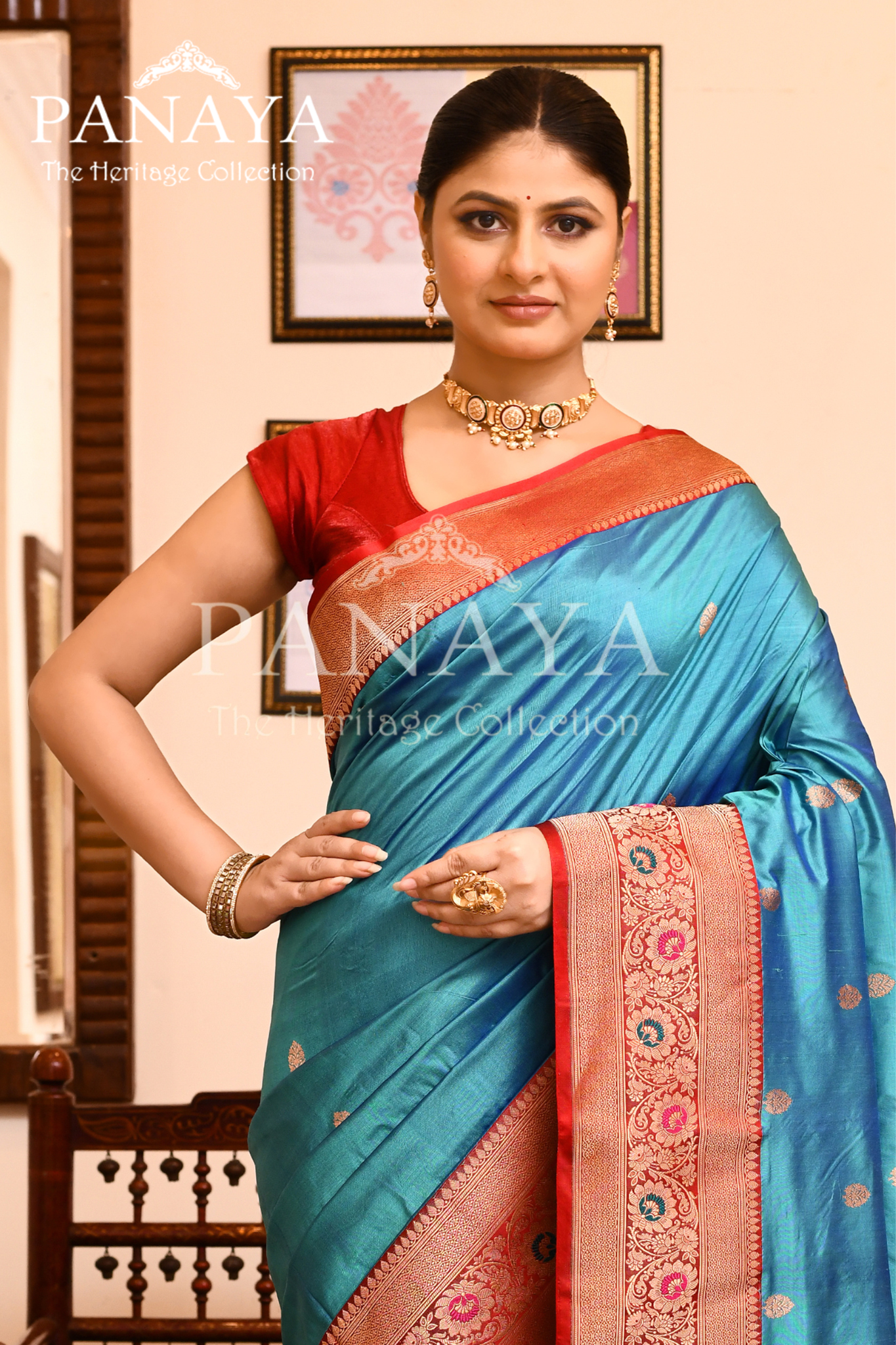 Saree Katan Silk with Contrast Banarasi Aanchal & Border with Gold Zari Boota Design