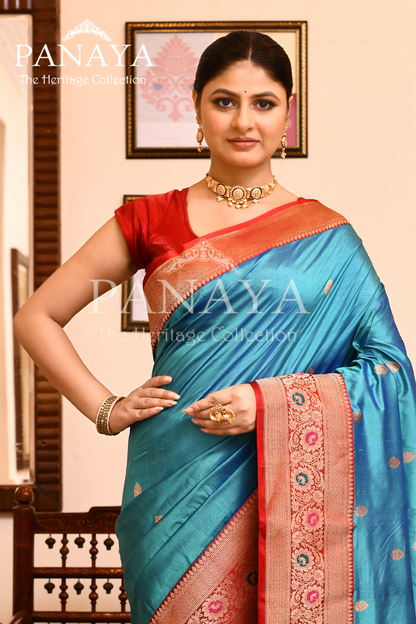 Saree Katan Silk with Contrast Banarasi Aanchal & Border with Gold Zari Boota Design