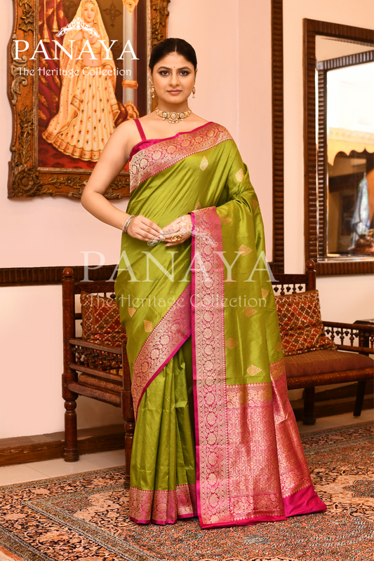 Saree Katan Silk with Contrast Banarasi Aanchal & Border with Gold Zari Boota Design