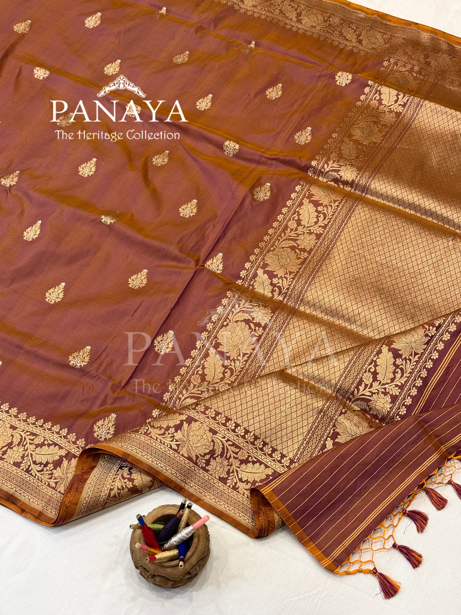 Saree Katan Silk with banarasi aanchal & Border with Gold & Silver zari  Booti Design