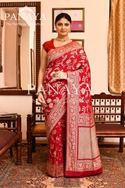 Saree Munga Silk Semi Handloom with Jaal Design with Banarasi aanchal & Border