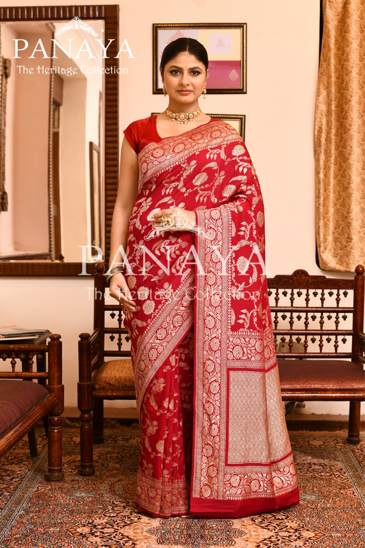 Saree Munga Silk Semi Handloom with Jaal Design with Banarasi aanchal & Border