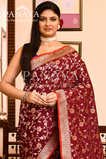 Saree Katan Silk Semi Handwoven with Banrasi Aanchal & Border with Gold & Silver Meenedar Jaal Design
