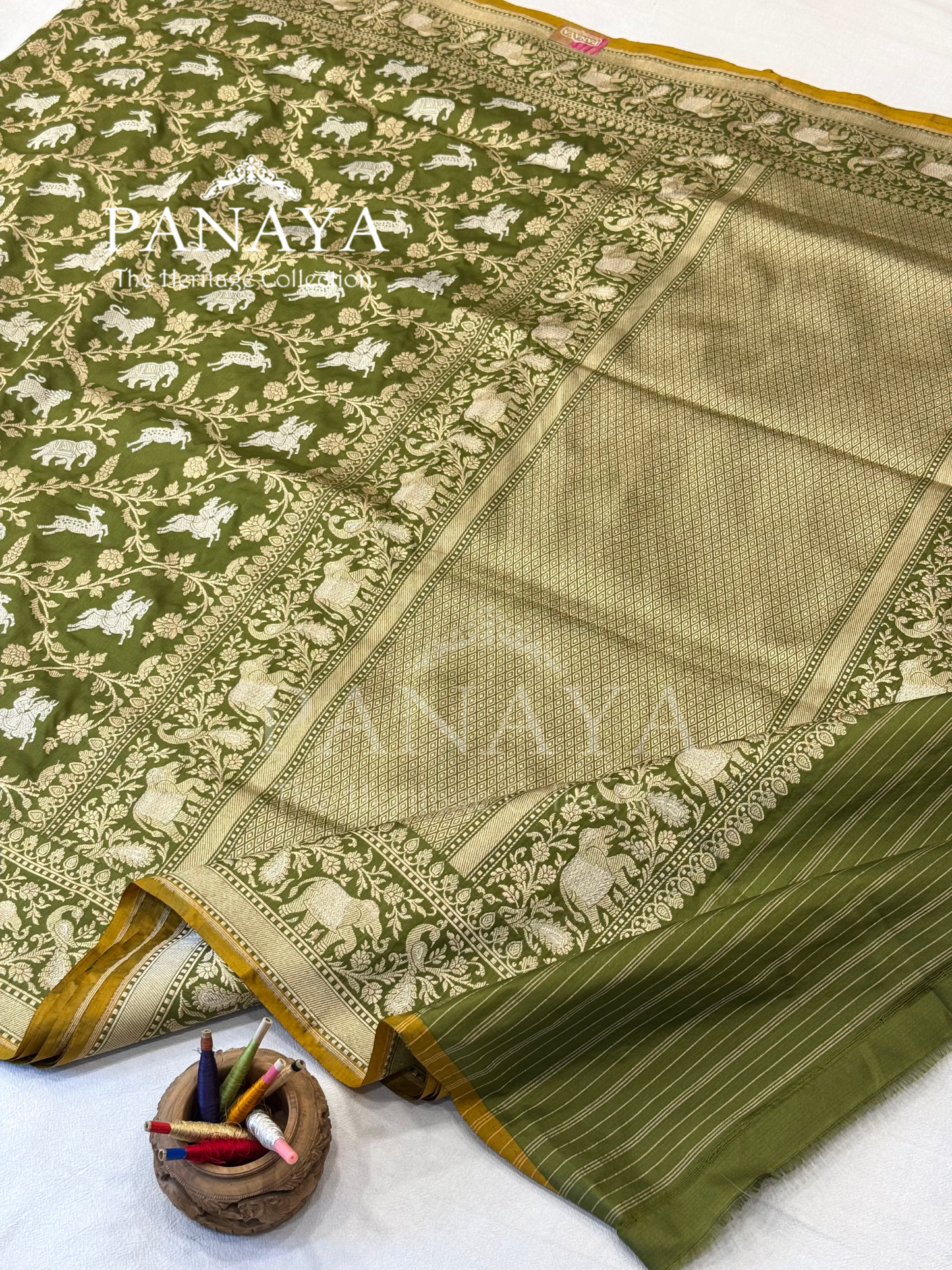 Saree Katan Silk Shikargah Design with Banarasi aanchal & Border with gold & Silver Zari Work