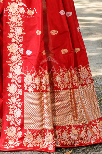 Saree Katan Silk Handwoven with Banrasi Aanchal & Border with Gold & Silver Booti