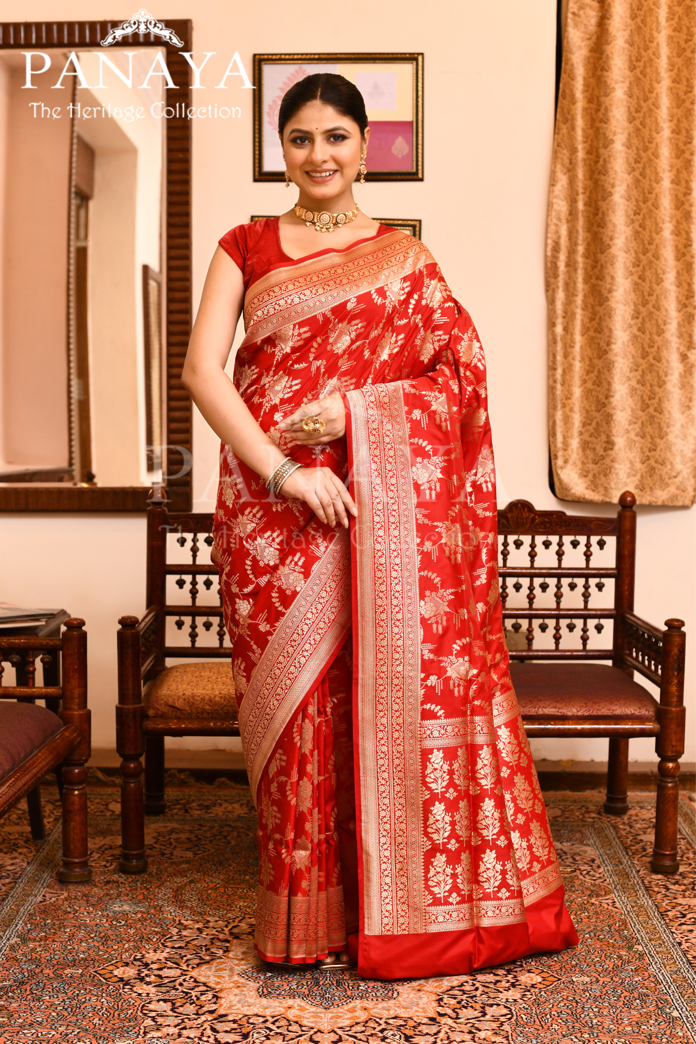 Saree Katan Silk Semi Handwoven with Banrasi Aanchal & Border with Gold & Silver Meenedar Jaal Design