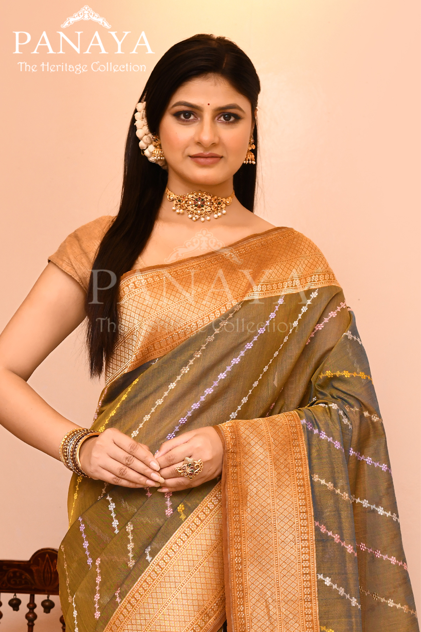 Saree Kora cotton Silk with Banrasi Aanchal & Border with Meenedar Aada Design