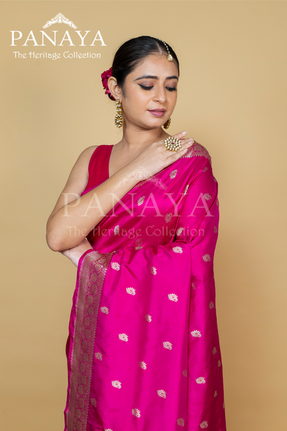 Handloom, katan silk with kadwa buti, kari gold work anchal with zaal lace