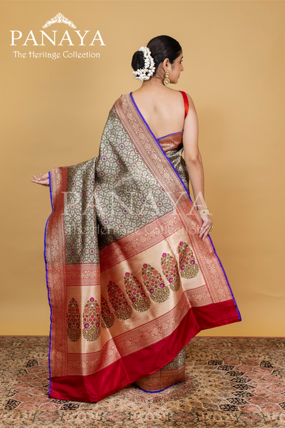 Tanchoi Silk Brocade Design With Paithani Anchal With Contast Red Border