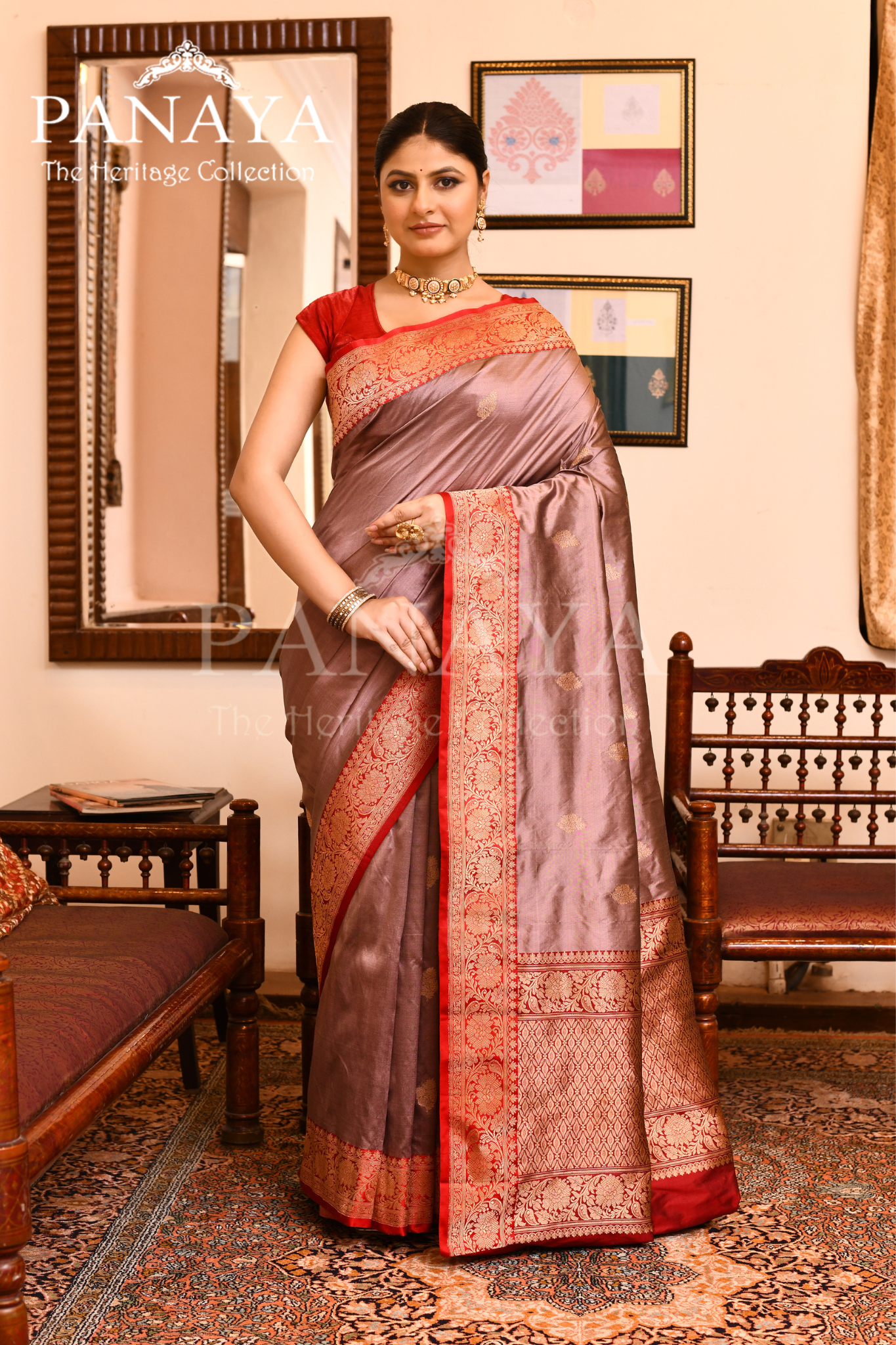Saree Katan Silk with Contrast Banarasi Aanchal & Border with Gold Zari Boota Design
