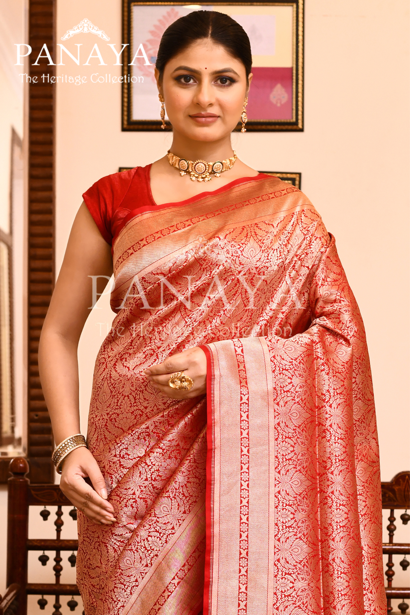 Saree Katan Silk Semi Handwoven with Banrasi Aanchal & Border with Gold & Silver Meenedar Jaal Design