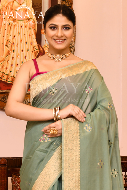 Saree Kora Cotton Silk With Banarasi aanchal & Border with Meenedar Booti