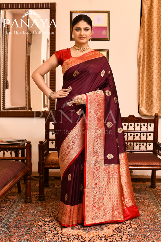 Saree Katan Silk with Contrast Banarasi Aanchal & Border with Gold Zari Boota Design