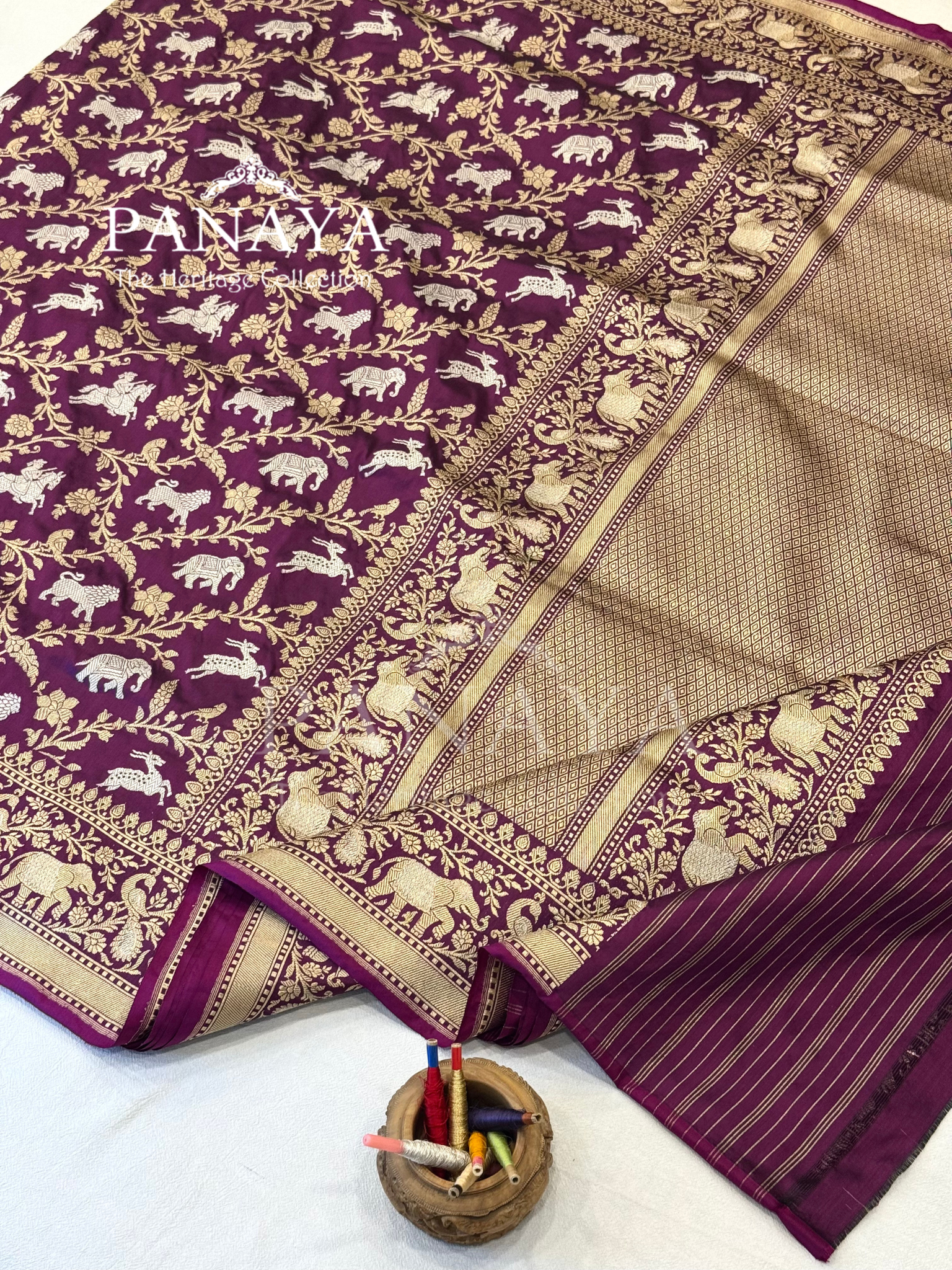 Saree Katan Silk Shikargah Design with Banarasi aanchal & Border with gold & Silver Zari Work