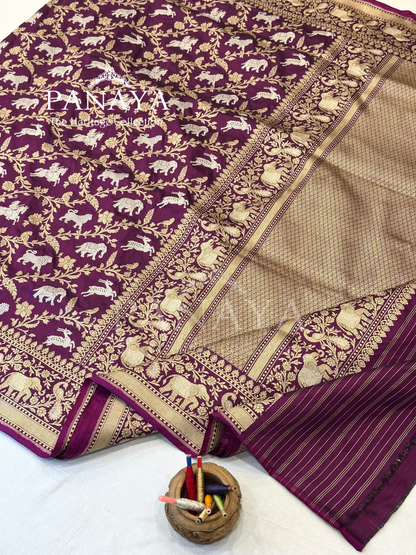 Saree Katan Silk Shikargah Design with Banarasi aanchal & Border with gold & Silver Zari Work