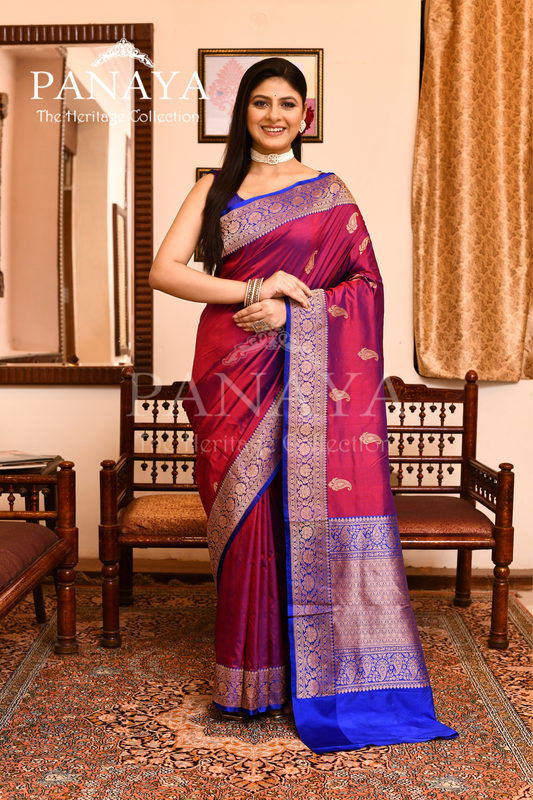 Saree Katan Silk with Contrast Banarasi Aanchal & Border with Gold Zari Boota Design