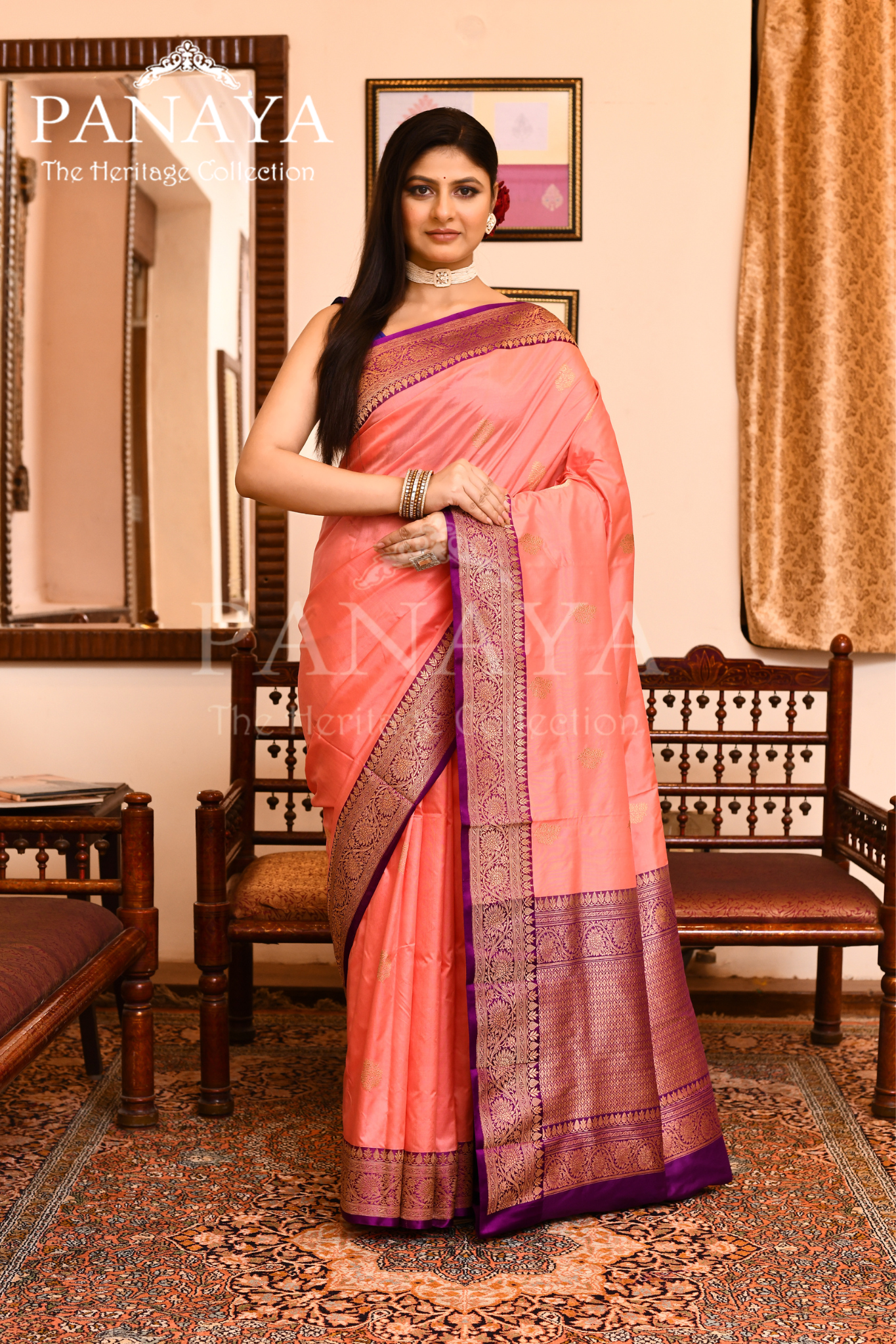 Saree Katan Silk with Contrast Banarasi Aanchal & Border with Gold Zari Boota Design