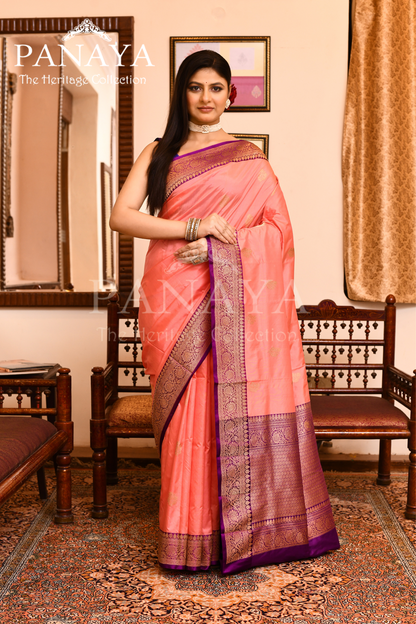 Saree Katan Silk with Contrast Banarasi Aanchal & Border with Gold Zari Boota Design
