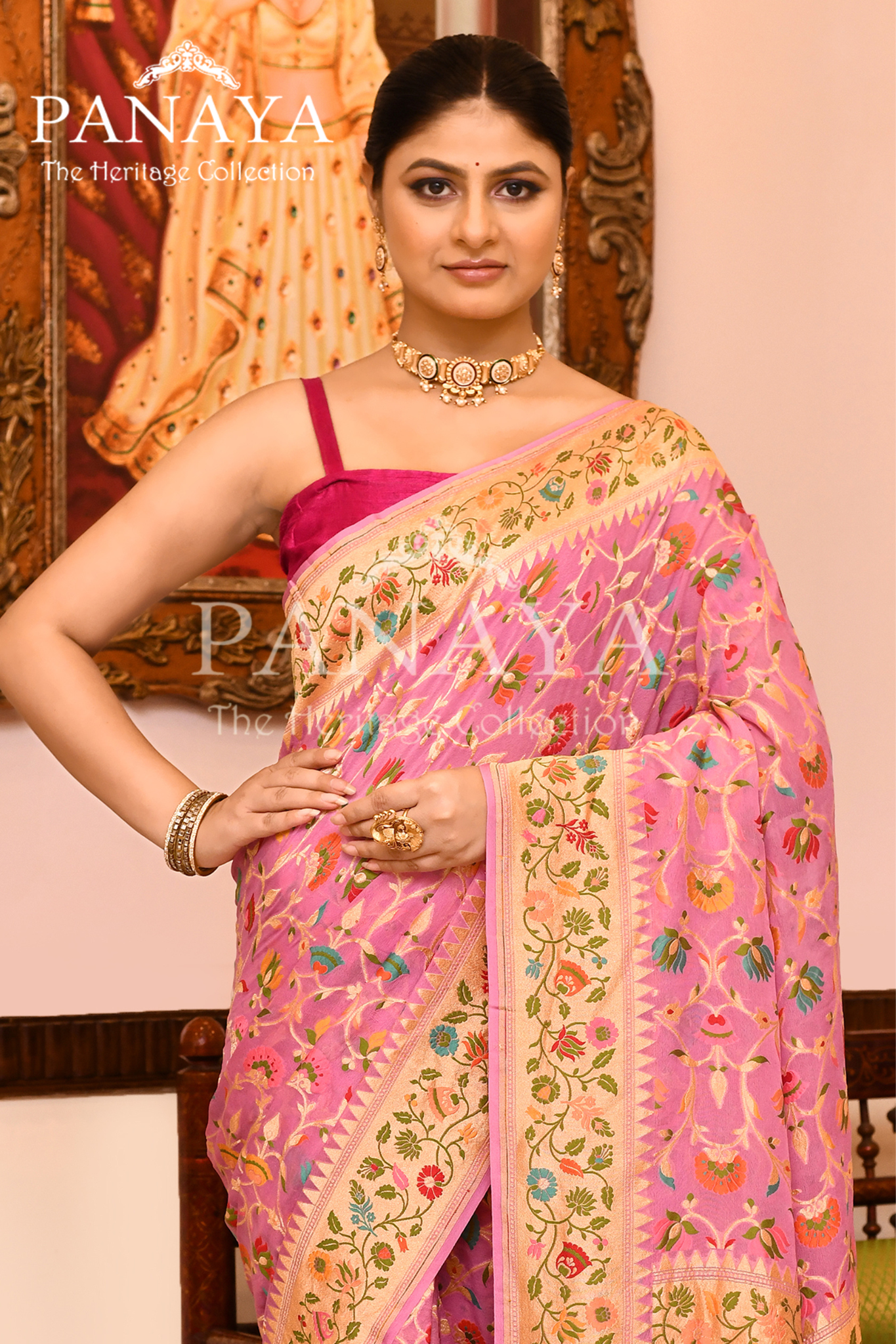 Saree Georgette Khaddi Jaal Design with Banarasi aanchal & Border with Meena Work