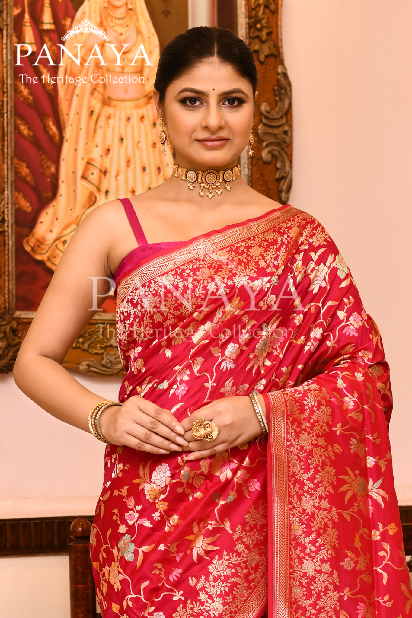 Saree Katan Silk Handwoven with Banrasi Aanchal & Border with Gold & Silver Meenedar Jaal Design